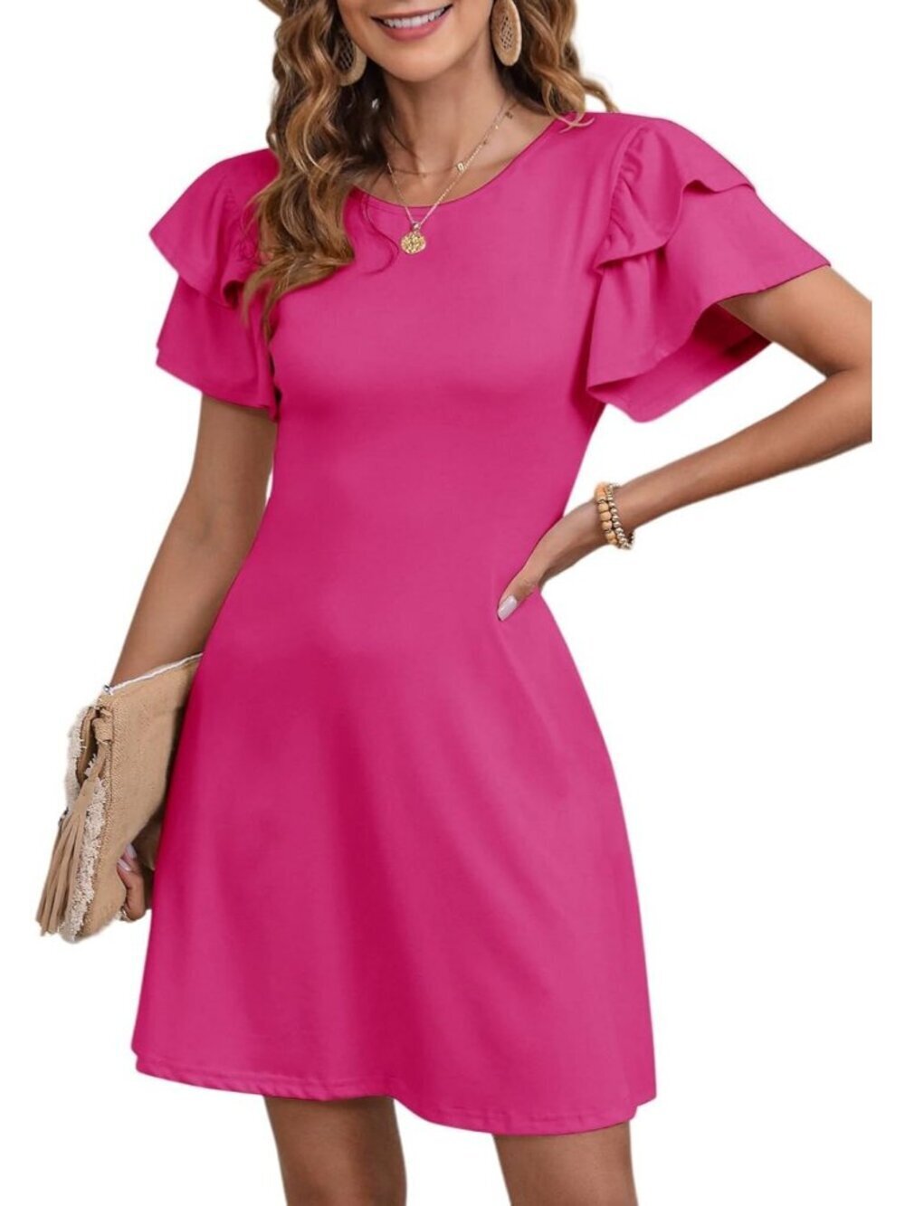 Dokotoo Women's Rose Pink Ruffle Edge Sleeve Casual Beachc